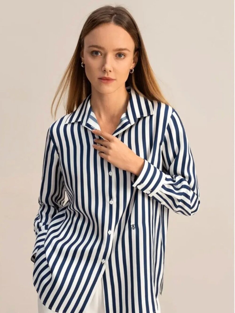 Lilysilk Classic Almafi Blue & White Stripe Silk Button Down Shirt